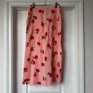 Zara Linen Blend Floral Midi Skirt Peach Red A-Line Summer S
